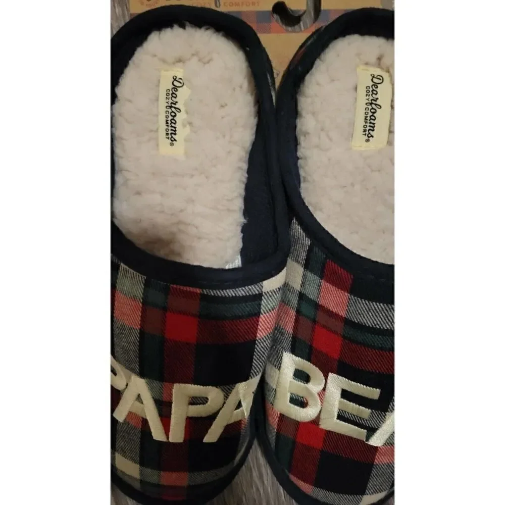 Dearfoams PAPA BEAR Navy/Red/Grn Plaid Clog Memory Foam Slippers Mens S 7-8